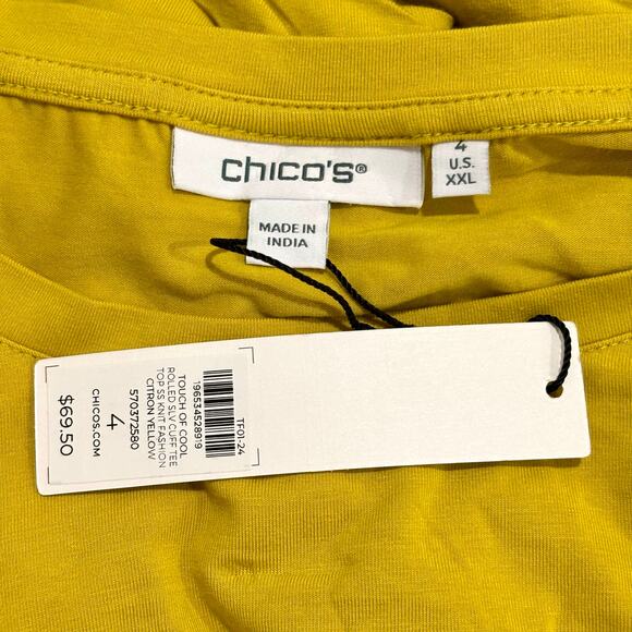 Chicos Size 4 XXL Touch of Cool Pleated Roll Cuff Tee Citron Yellow Pima Cotton - Picture 3 of 6